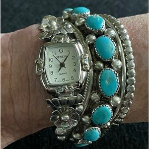 HANDCRAFTED Silver & authentic Turquoise bangle bracelet / watch band
